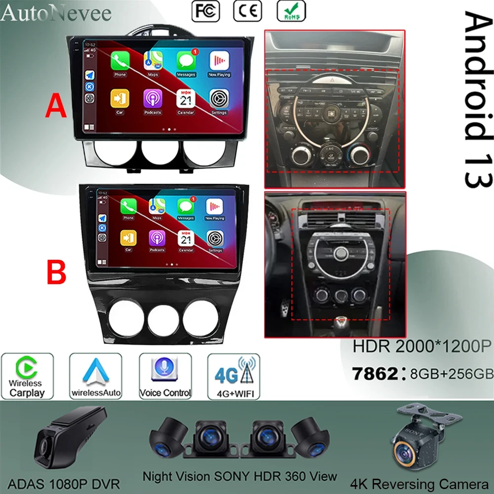 

For MAZDA RX8 2008-2021 Car Android 13 Radio Multimedia Video Player Navigation Touch QLED Screen GPS Bluetooth No 2Din DVD WIFI