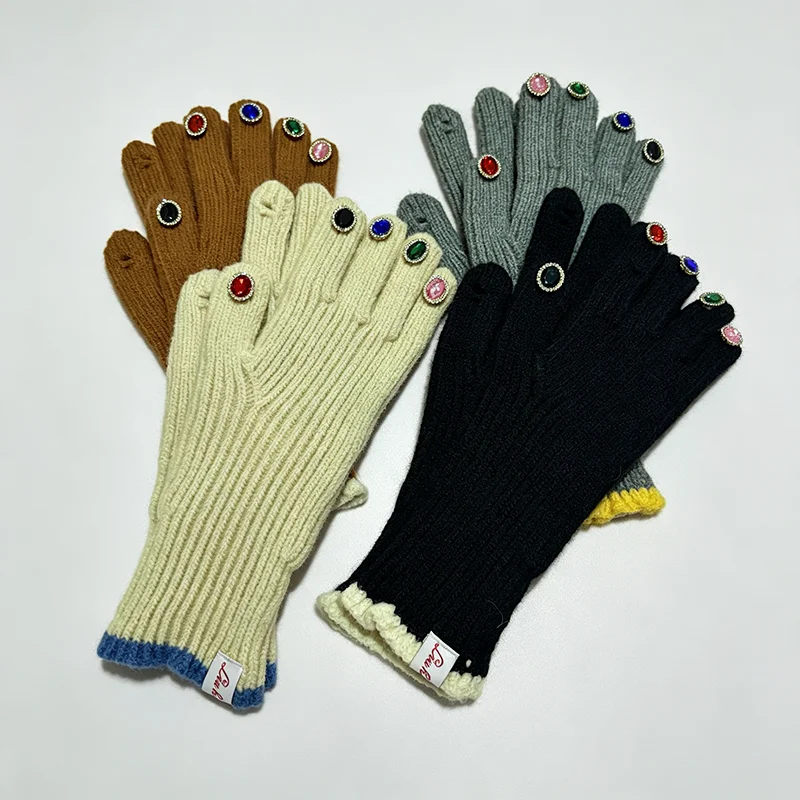 Luxury High Quality Rhinestone Solid Soft Extended Knitted Gloves Winter Warm Touch Screen Fashion Full Finger Women Mittens