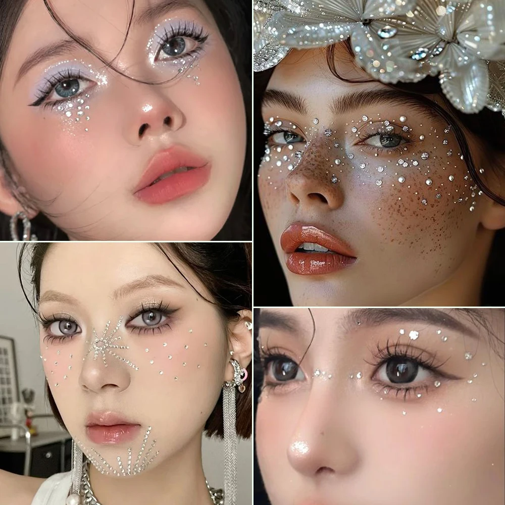 1Sheet 3D Eye&Face Rhinestones Tattoo Sticker Clear Mixed Round Diamond Jewels Decoration for Music Festival Body Makeup Tattoos