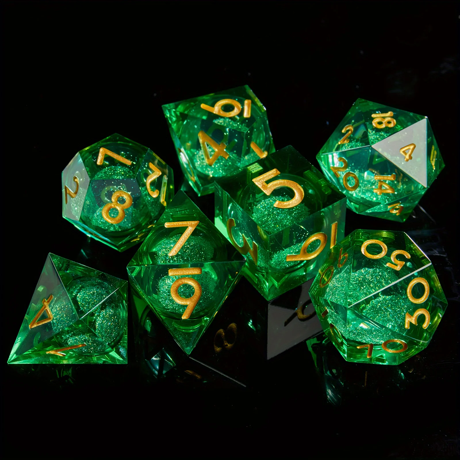 Set dadu pasir cair DND, 7 dadu polihedral, dadu permainan peran D & D, cocok untuk permainan papan RPG, perlengkapan pesta