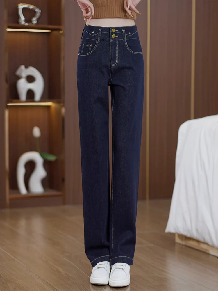 

Джинсы женские с высокой талией, прямые, на флисовой подкладке, облегающие, широкие штанины, синие, в стиле ретро, повседневные, удобные, дышащие