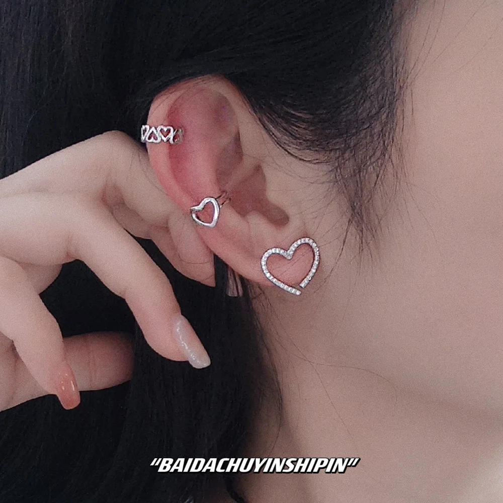 S925 silver heart-shaped clip-on ear cuff, trendy and stylish ins jewelry for women without pierced ears