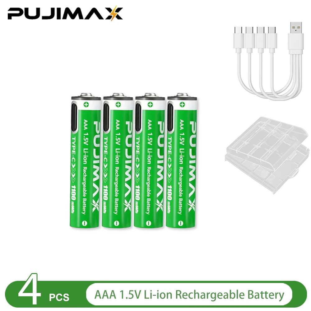 PUJIMAX 1,5 V AA en AAA oplaadbare lithiumbatterij 3400 mWh/1100 mWh, Type-C-poort Opladen worden hergebruikt 1500 keer voor wekkers