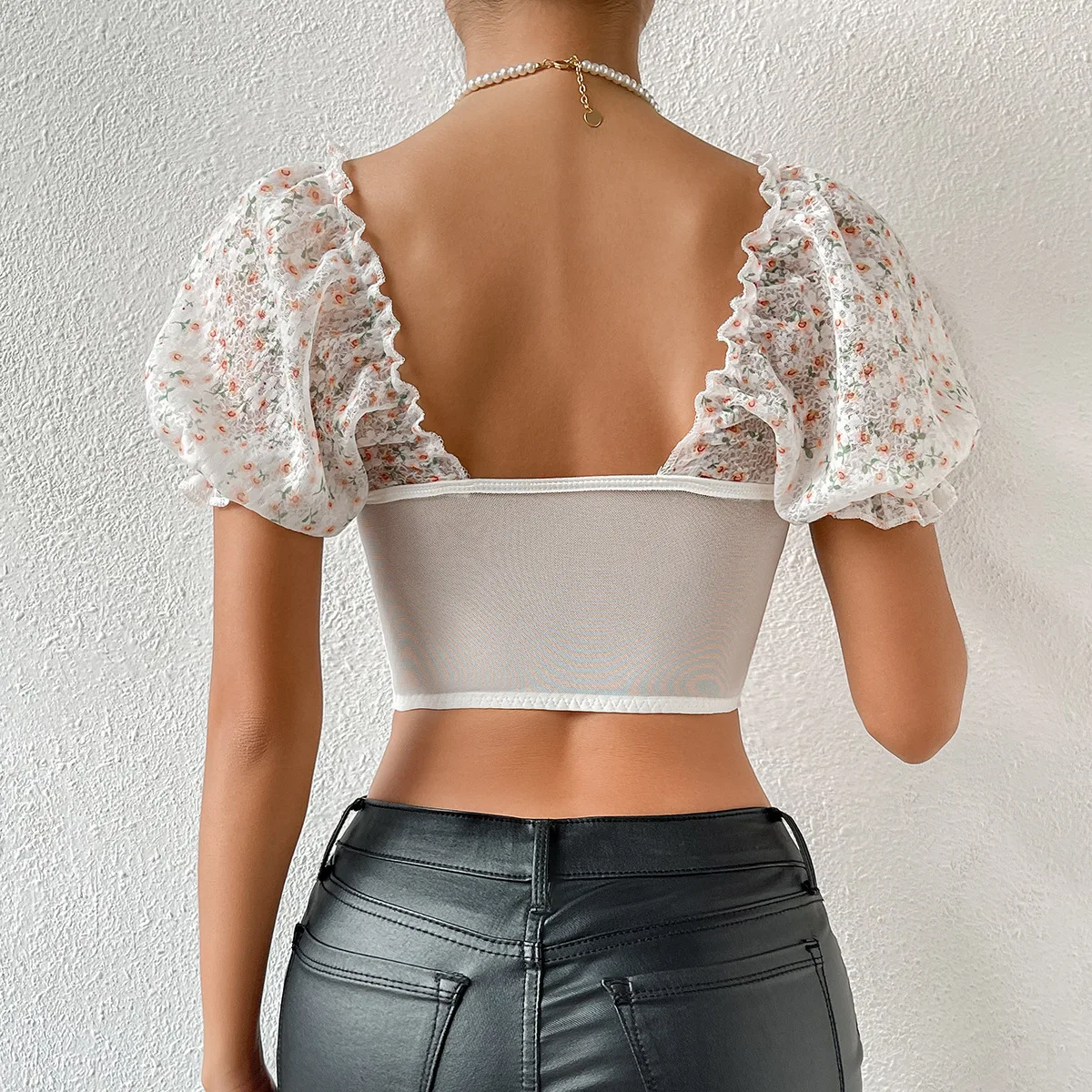 Vemina Sexy Lace Embroidery Hollow Out Women Short Sleeve Bodycon Slim Blouse,Street Style Backless Printed Puff Sleeve Crop Top