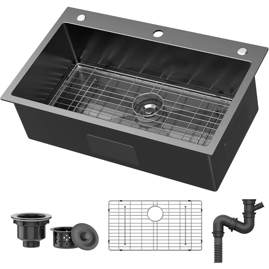 

Drop In Kitchen Sink 33 x 19 x 10in Stainless Steel Nano Gunmetal Black Single Bowl Handmade Top Mount Countertop Sink with Gri