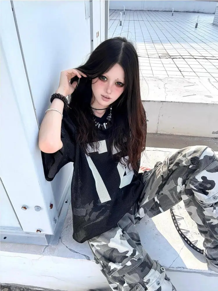 Seeslim Black Graphic T Shirts Short Sleeve Hollow Out 2000s Clothes Y2k Loose Women's T-shirt Summer Tops Goth Tees Gothic Chic