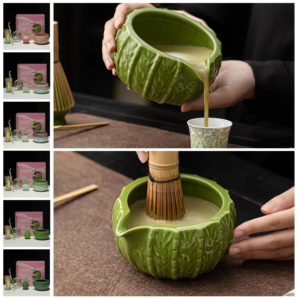 

5PCS Ceramic Bamboo Japanese Matcha Tea Set Matcha Whisk Holder Reusable Matcha Whisk Set Matcha Bowl Whisk Teaspoon Tea Sets