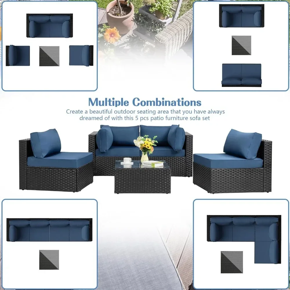 Conjunto de muebles de mimbre de PE negro, sofá seccional para Patio al aire libre, juegos de conversación de Patio con cojines lavables de vidrio, 5 piezas