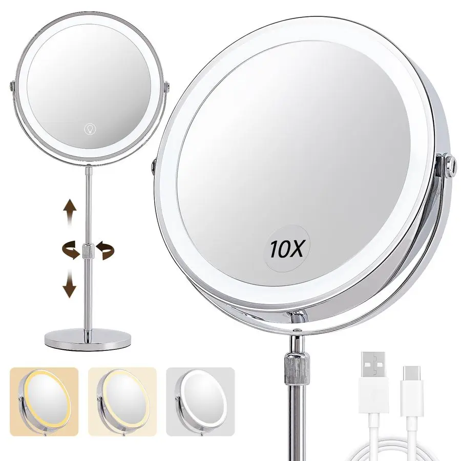 

10X Magnifying Makeup Mirror with Lights 9 Large DualSided Vanity Mirror with 3 Color Lights for Womens Travel Cosmetic Mirror 3