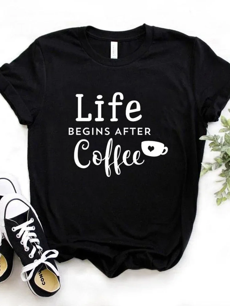 Women T Shirt Life Begins After Coffee Print Tshirt Women Short Sleeve O Neck Loose T-shirt Ladies Causal Tee Shirt Tops