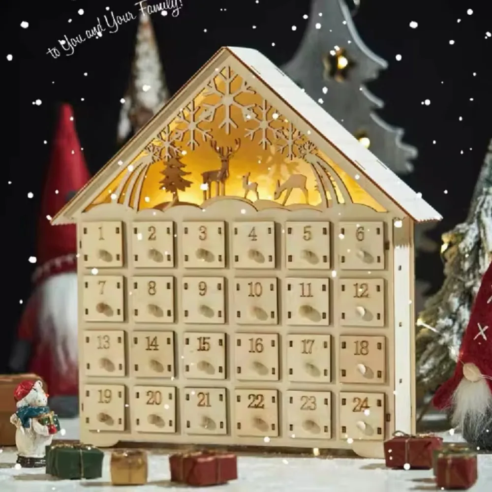House Shape Christmas Advent Calendar LED with 24 Empty Drawer Christmas Countdown Calendar Wood Hollow Carving - Image 2