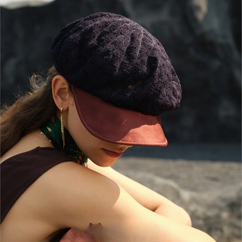 

Lace cutout hat New artist octagonal beret Newsboy