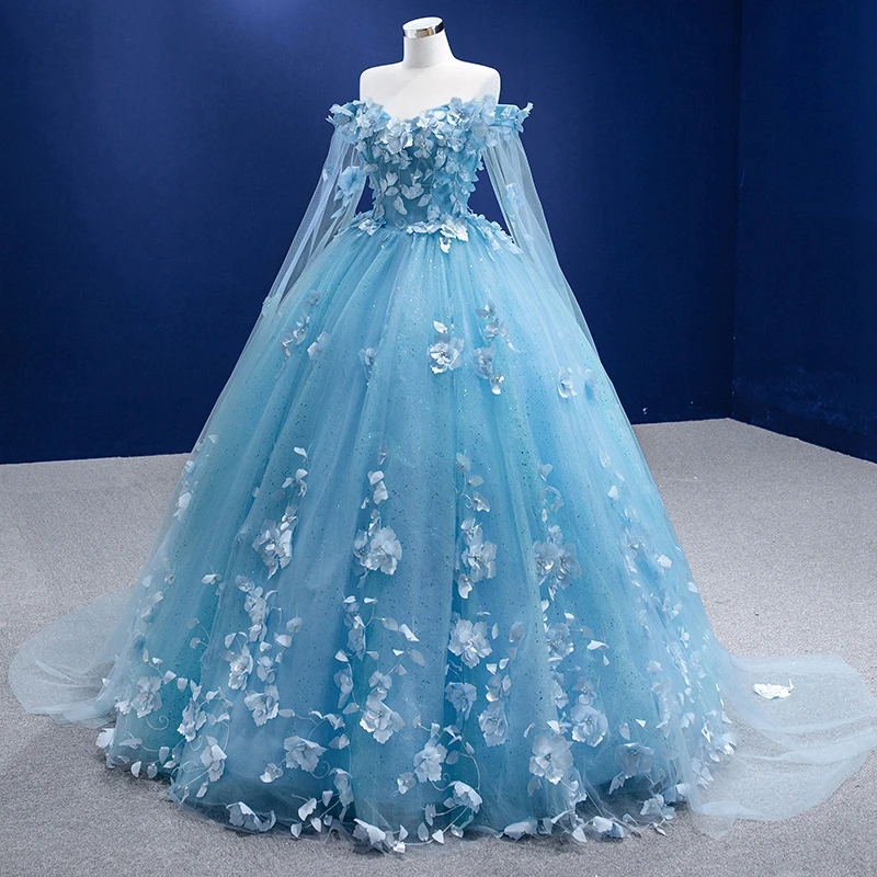 Sky Blue Homecoming of Age Ceremony Dress Florals Appliques Ball Gowns Party Dresses Off Shoulders Tulle Princess Dressing Gowns