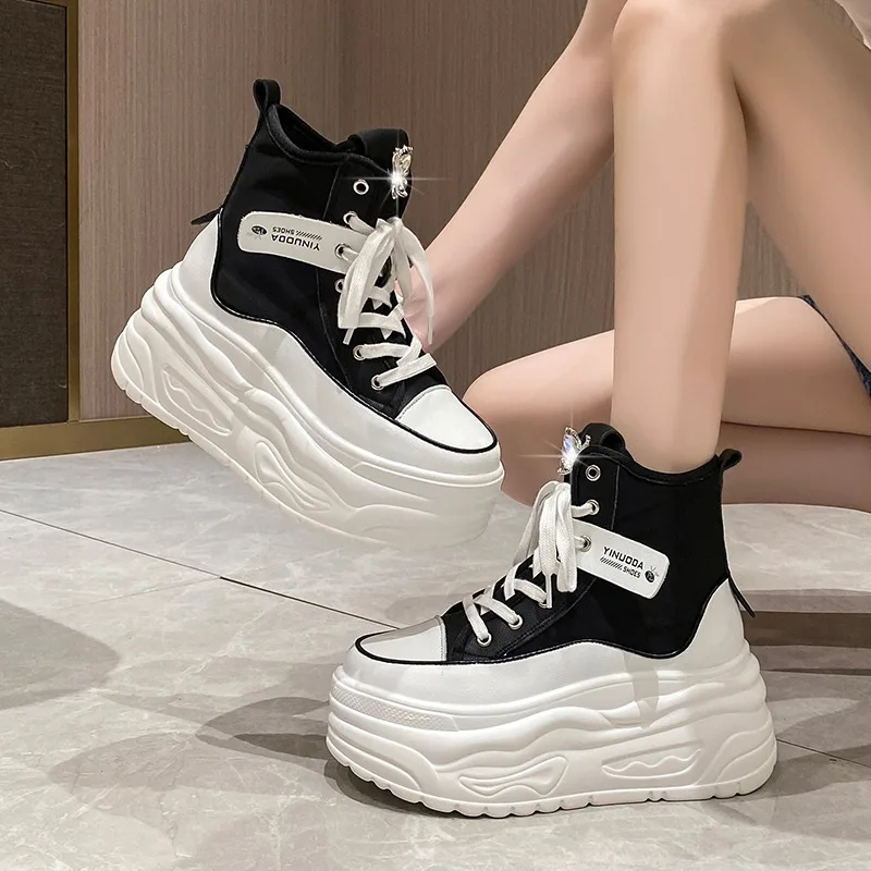 2024 Spring Fashion Women Ankle Boots High Platform Canvas Boots 8CM Wedge Heels Sneakers Woman Autumn Thick Sole Short Boots