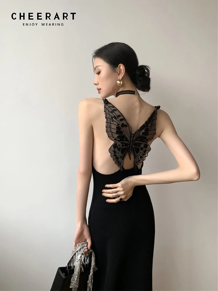 CHEERART Backless Butterfly Elegant Long Sexy Dress Women Summer Spaghetti Strap Black Bodycon Ladies Midi Night Club Dress