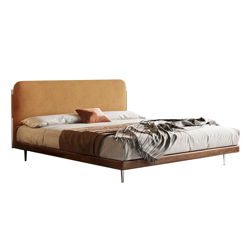 

Retro style solid wood fabric Internet celebrity bed, minimalist master bedroom bed, Nordic small apartment thin bedside