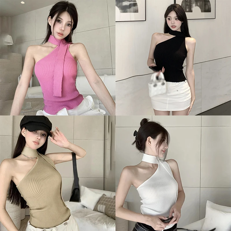 Women\'s Camisole Korean Version Solid T-shirt Diagonal Collar Slim Sexy Fashion Knitted Sleeveless Crop Top