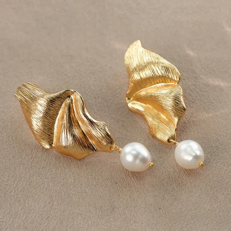 Litheline 24K Gold Plated Brass Draped Leaf Earrings, Hand-Textured Baroque Pearl Designer Piece Artisanal Luxury Jewelry view 4
