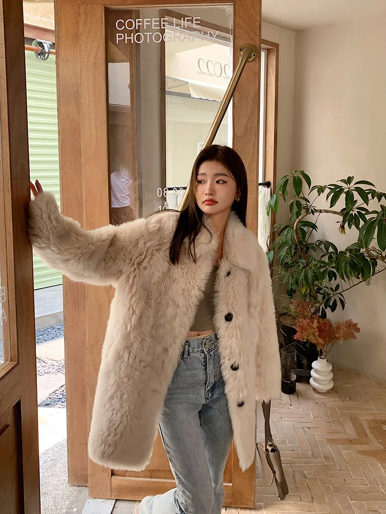 Fur Coat Women's Mid-Length Thickened WarmFur Integrated Autumn and Winter Young Style Solid Color Fashion Loose Single-Breasted