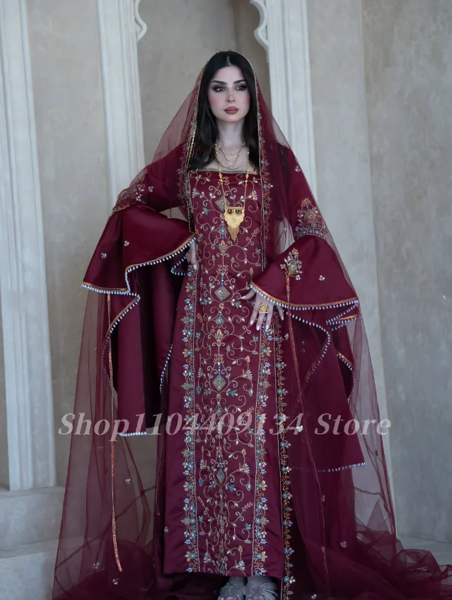 Luxurious Burgundy Afghan Bridal Gown Flared Sleeves Beaded Embroidery Henna Nikkah Day with Train Wedding Gown Customized