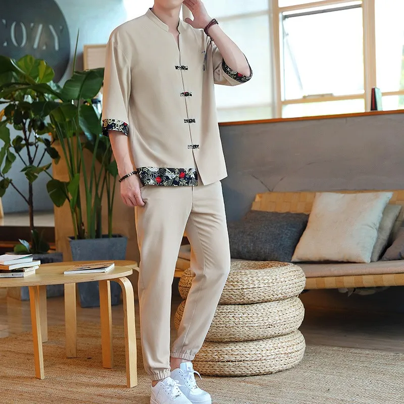 Lniane koszulki Zen Tea Tops Pants Kung Fu Uniform Oriental Fashion Casual Loose T-shirt Chinese Retro Style Tang Suit Men Trousers