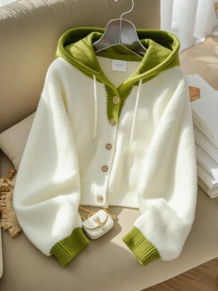 

Zoki Sweet Soft Korean Cardigan Sweaters Women Elegant Long Sleeve Knitted Coats Fashion Patchwork Female Cute Hooded Outwears