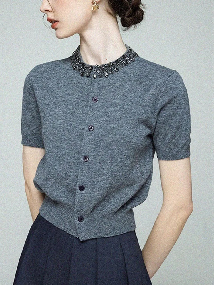 

Design Sensation Heavy Du Rhinestone ort Sve T-irt Soft Skin-friendly Slimming Base irt Knitted Top Summer New Arr...