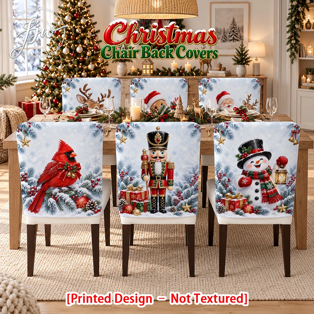 2/4/6pc Christmas Chair Back Covers Festive Holiday Dining Chair Slipcovers with Snowman Nutcracker Santa Claus Designs