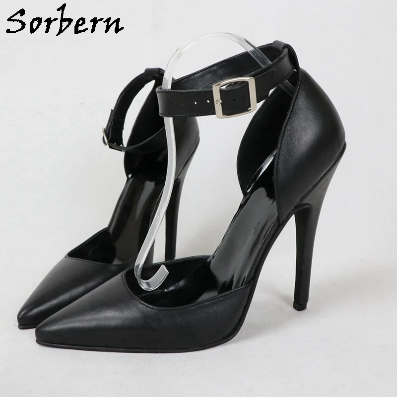 

Sorbern Black Matt Real Leather Pump Women Wide Ankle Strap Pointed Toe Two Piece Mature 14-16Cm High Heel Stilettos Custom