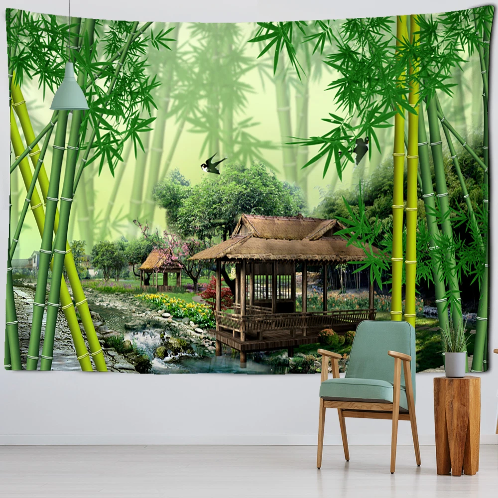 Bamboo Forest Cottage Window Painting Tapestry Wall Hanging Bohemian Sika Deer Aesthetics Room Home Decor