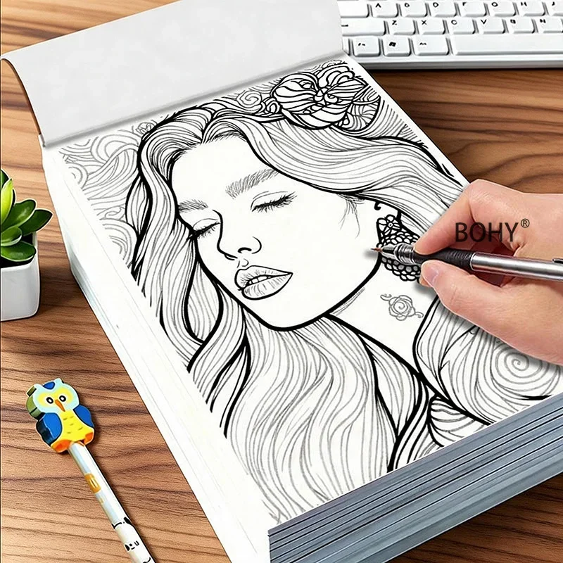 1 Adult Stress Relief Graffiti Album, Include Theme Line Drafts Such As Cat Girl/Fairy Tale Castle/Owl/Mandala Zen Pattern, etc.
