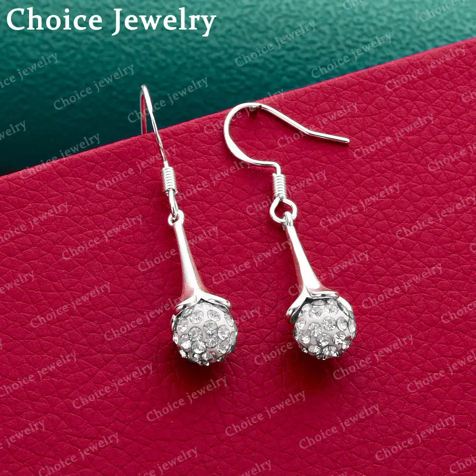 1 Pair 925 Sterling Silver 8MM Shiny Crystal Shambhala Earrings for Women's Fashion Jewelry Valentine's Day Gift
