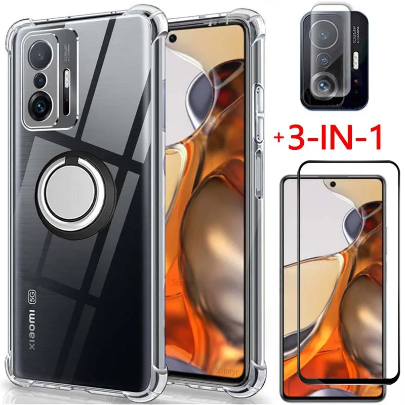 

Finger Ring Holder Case + Glass for Mi 11T Pro Xiaomi 11T Shockproof Silicone Phone Cases Mi11T Pro Cover Mi-11T Xiaomi 11 T Pro