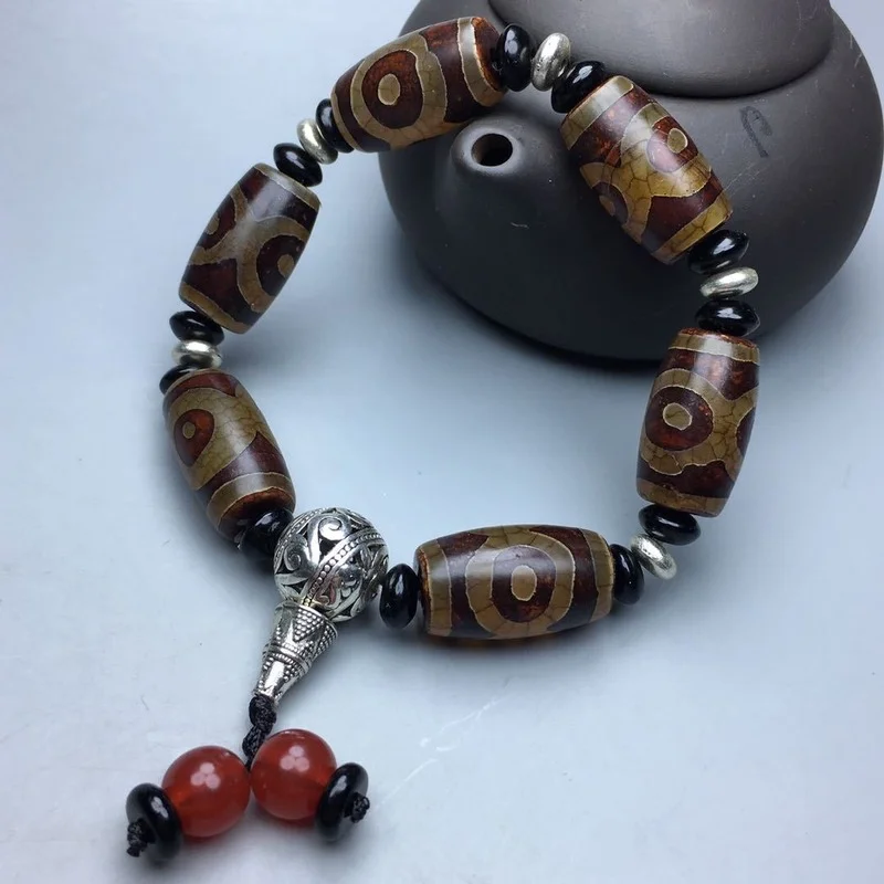 Natural Tibetan Agate Three Eye DZi Bracelet, Men's and Women's Ethnic Style Retro Bracelets Jewelry