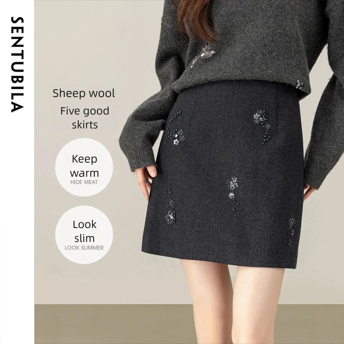 

SENTUBILA женская шерстяная юбка трапециевидной формы, зима 2022, элегантная женская юбка ручной работы с кластерными бусинами и цветочным узором 154QF3416