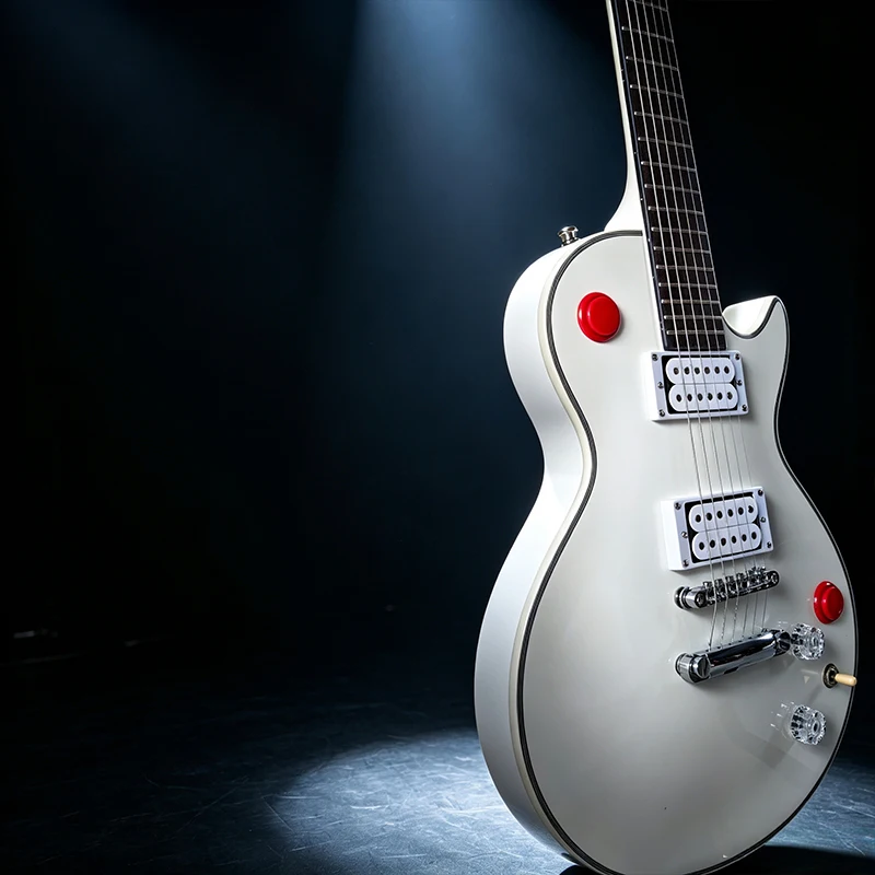 White Finish Electric Guitar, Double Pickup, Rosewood Fingerboard, Fixed Bridge, Special Red Knobs | Local Warehouse, Two Business Days Shipping