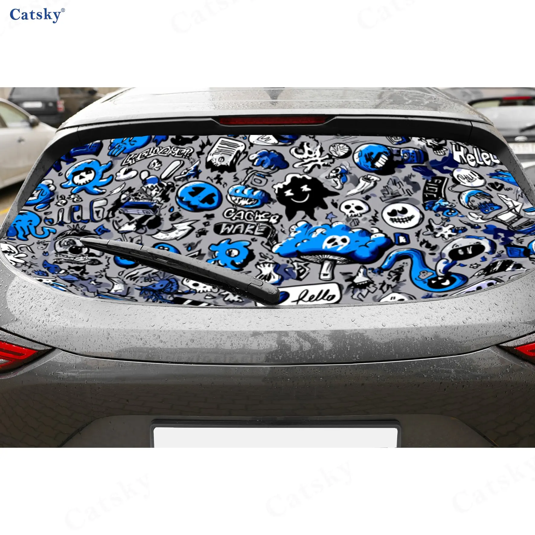 

Blue-Grey Cartoon Collage PVC Perforated Car Vinyl Wraps, Durable Car Rear Windshield Sticker, Waterproof Car Rear Window Decal