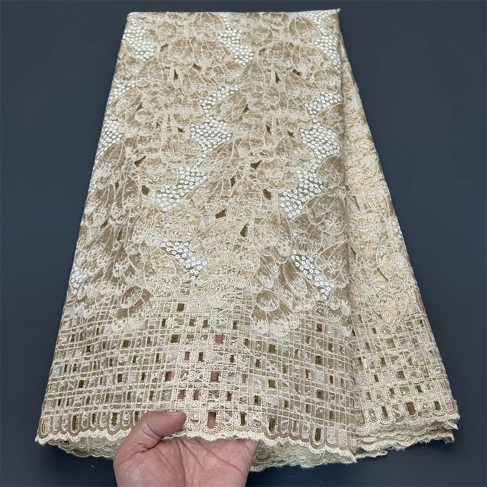 

2025 Latest High Quality African Nigerian With Tulle Sewing Lace Fabric Guipure Embroidery Dresses Sequins 5Yards PS0076