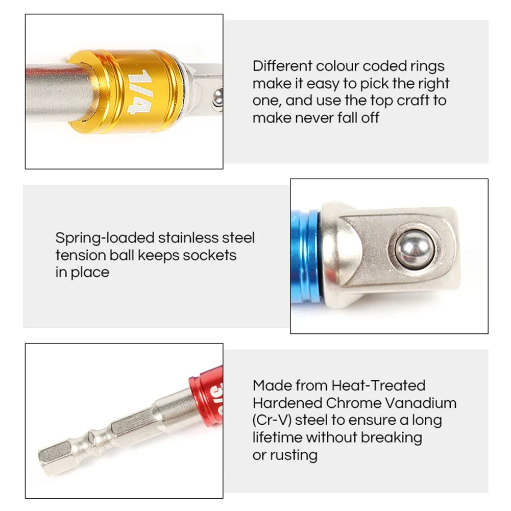 Shank เจาะซ็อกเก็ตอะแดปเตอร์ 1/4 "3/8" 1/2 ซ็อกเก็ตเจาะ Bits ชุด Hex-Shank ยาว Rod อะแดปเตอร์ Vanadium-เหล็กซ็อกเก็ต