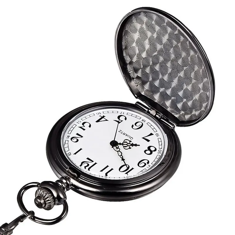 Preto antigo caso liso relógio de bolso analógico de quartzo masculino feminino árabe numeral dial caçador completo relógio colar pingente corrente presente