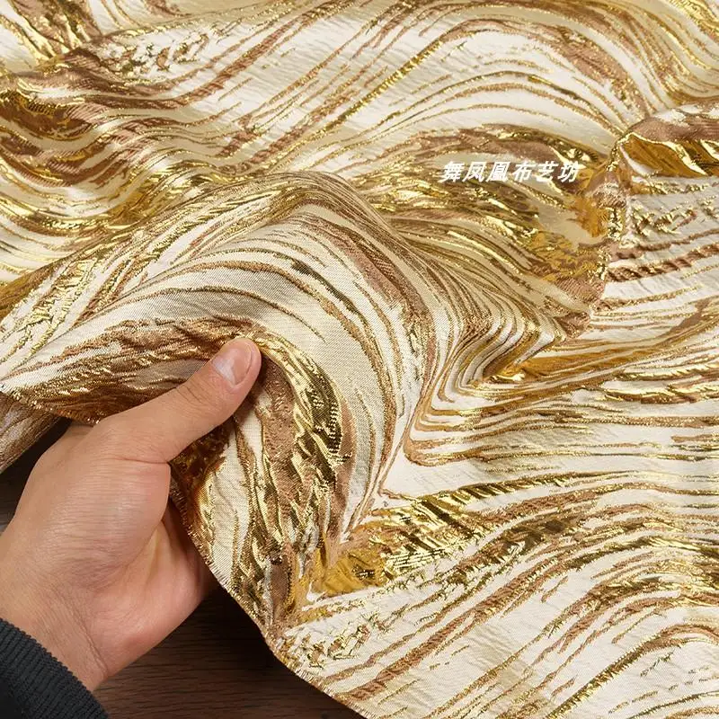 Golden Brocade Jacquard Fabric Water Wave Pattern Traditional Chinese Style Clothing Cloth  Apparel Sewing Accessories By Meters