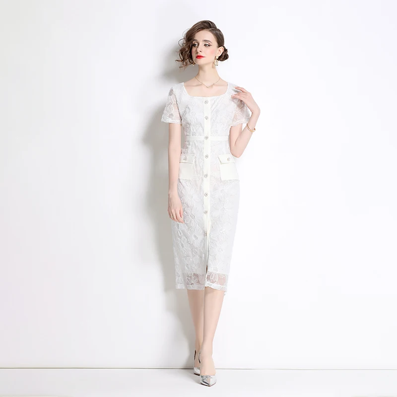 Fashion Runway Summer Lace Sheath Dress Vintage Women Square Collar Button Flower Embroidery Bodycon Long Dresses