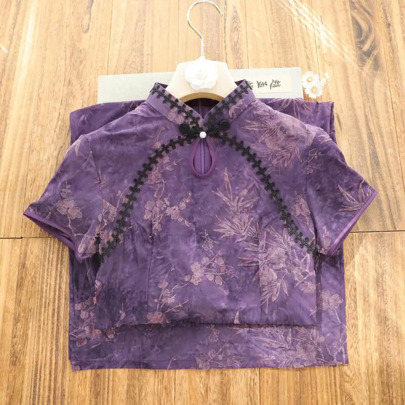 

Новые летние и весенние платья 2026: Фиолетовые платья-ципао с жаккардовым цветочным узором в китайском стиле, длинные платья-ханьфу