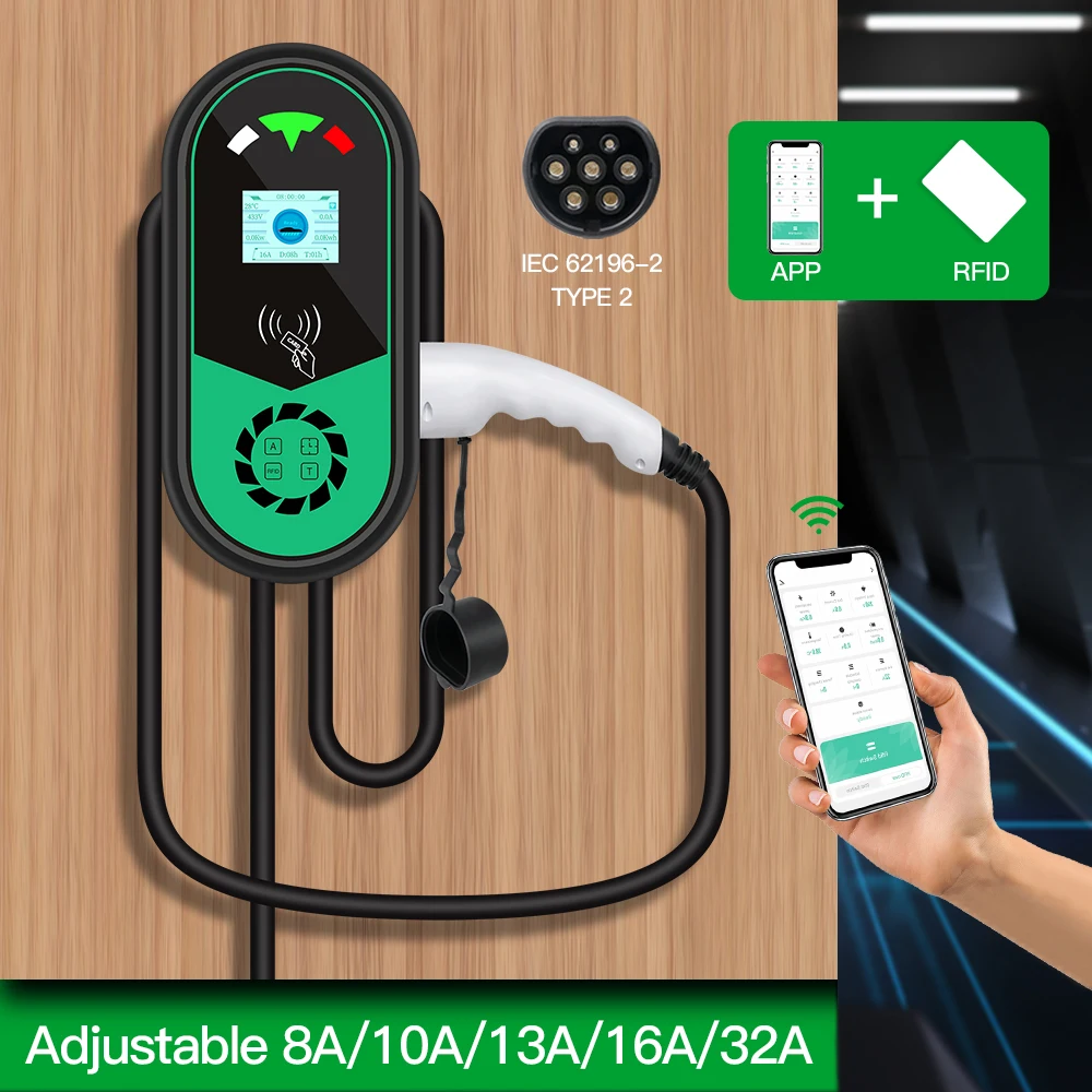 32A 1P Type 2 Type B 7.68KW EV Charging Station Adjustable Current 8/10/13/16A 110-240V With App Version RFID Card Time Delay