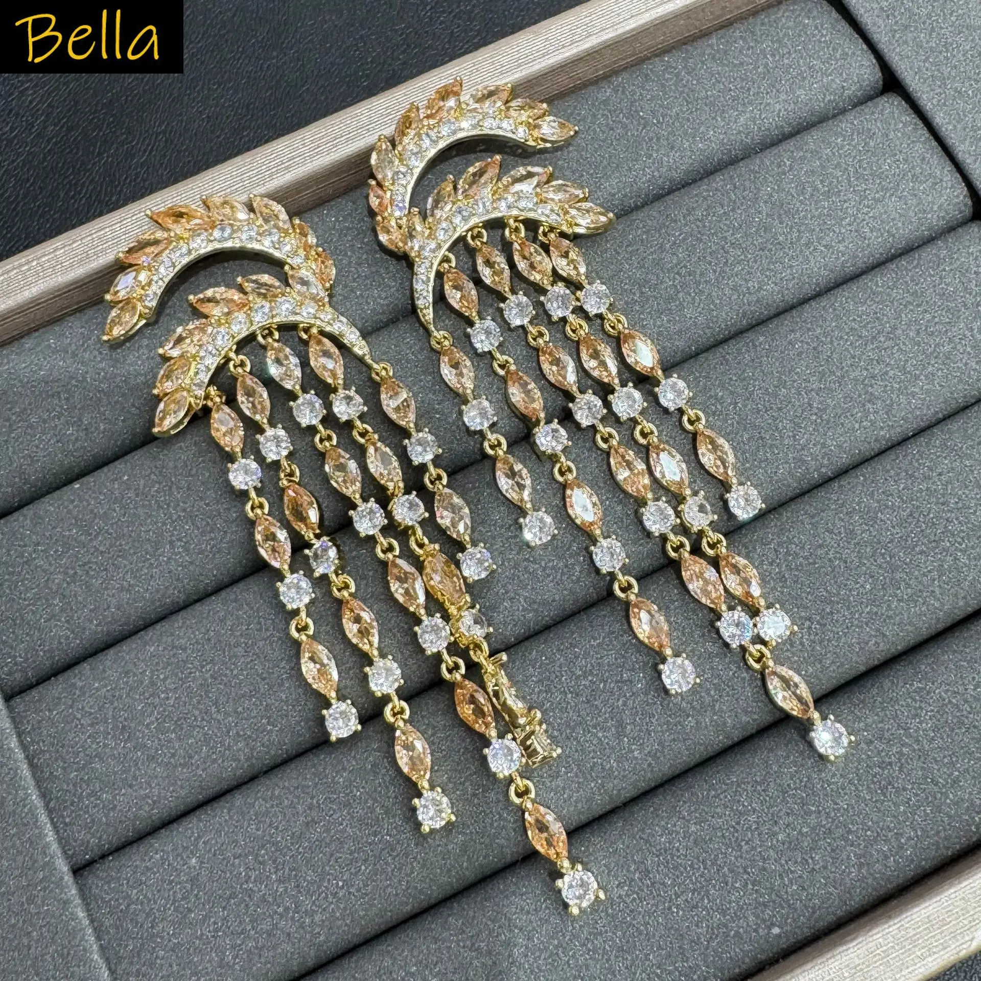 

zircon red long chain dangling earrings for women luxury jewelry green white Champagne teardrop tassel earrings party jewelry