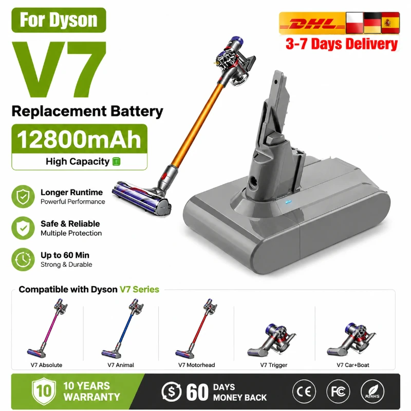 Ersatzakku für Dyson V6 V7 V8 V10 V11, Hochleistungs-Lithium-Ionen-Akku mit 4800mAh 6000mAh 9800mAh 12800mAh, kompatibel mit SV03 SV10 SV11 SV12 SV14 SV15 DC31A DC34B DC62 kabellosem Staubsauger.