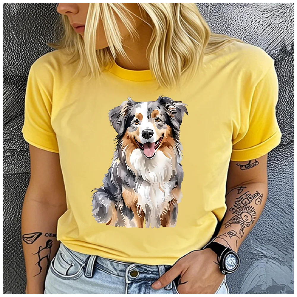 Cotton 100% Cute Australian Shepherd Dog Portrait Print Women T Shirt Round Neck Short Sleeve Summer Casual Pet Lover Graphic
