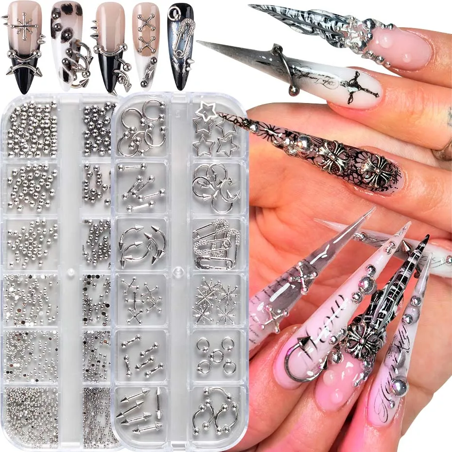 12 grades punk prateado gótico punk amuletos de unhas rebites de metal liga piercing grunge diy decoração de arte de unha y2k suprimentos para unhas