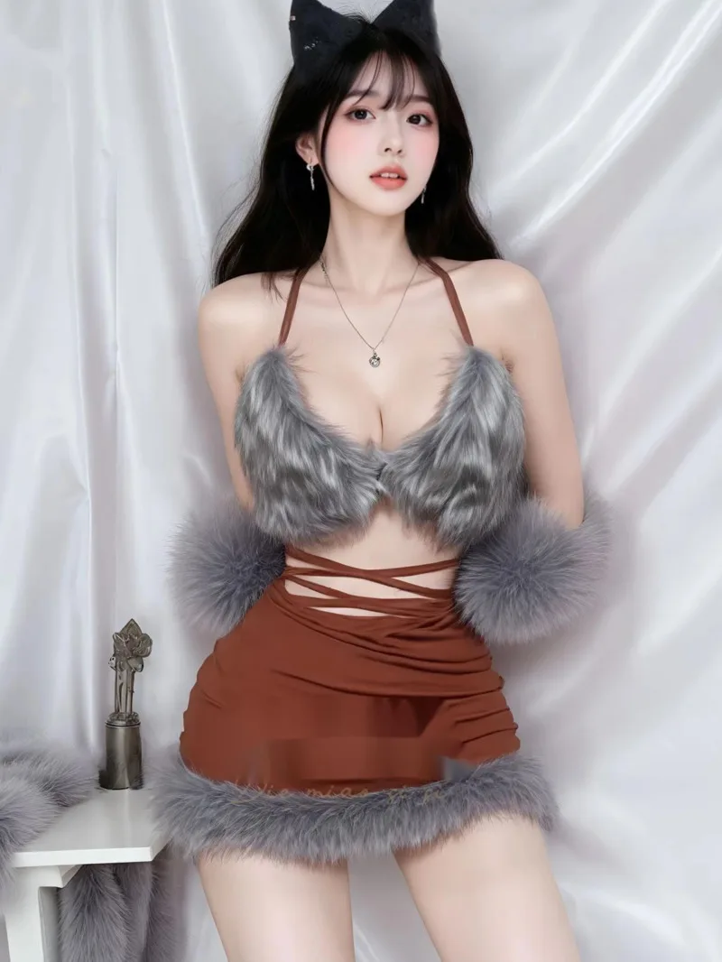 

Сексуальные комплекты юбок для девочек с глубоким вырезом в стиле пэчворк, пушистый дизайн, облегающие комплекты с открытой спиной и глубоким V-образным вырезом на подтяжках, очаровательные комплекты юбок без рукавов FBJ0