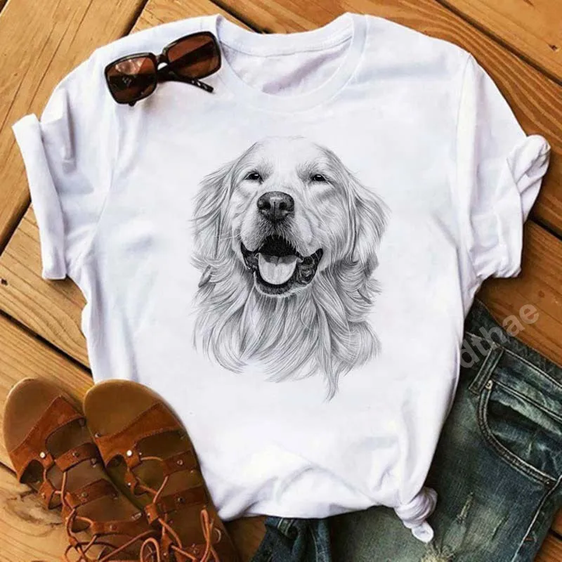 Sketch Cute Dogs Printed T-shirts Women Clothing White Short Sleeve Ladies Harajuku Y2k Top Summer Graphic T Shirt Oversized Tee